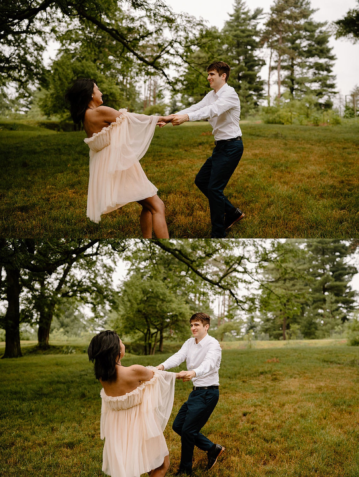 woman in romantic white dress twirls with fiance during shoot by Indigo Lace Collective