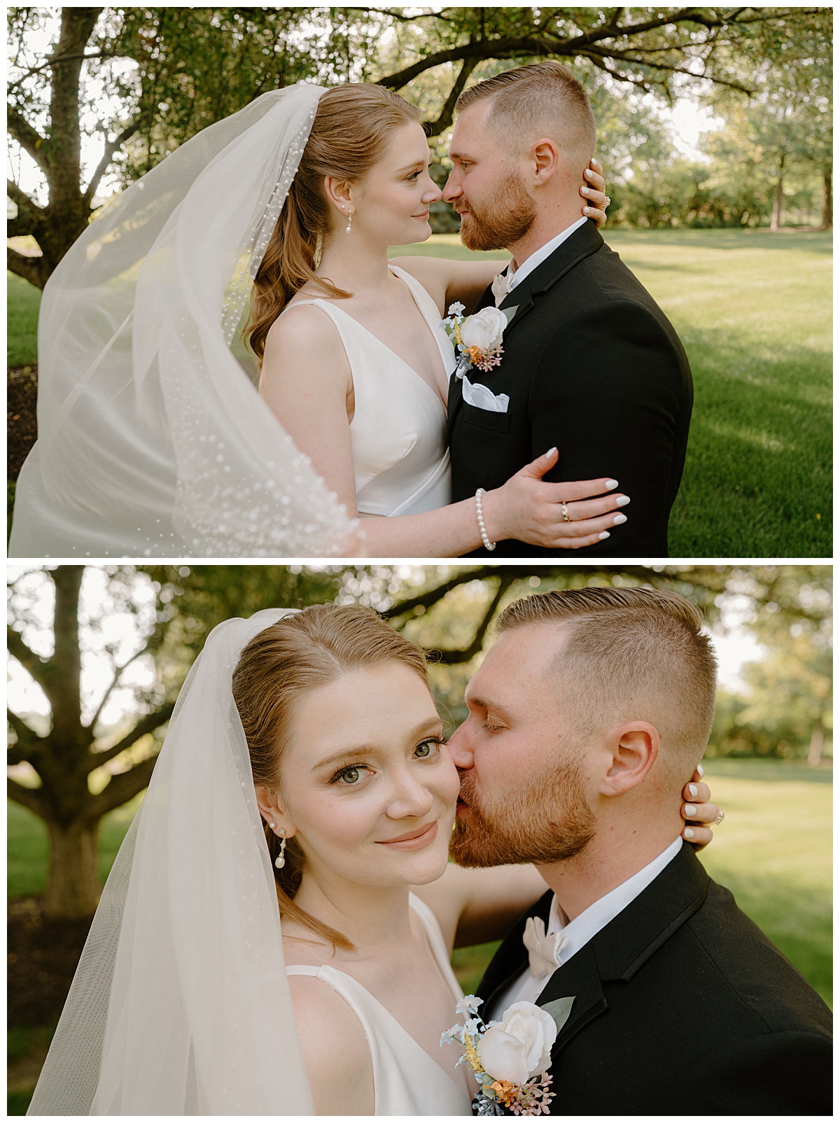 woman's veil blows in the wind as she leans into hold man by Indigo Lace Collective