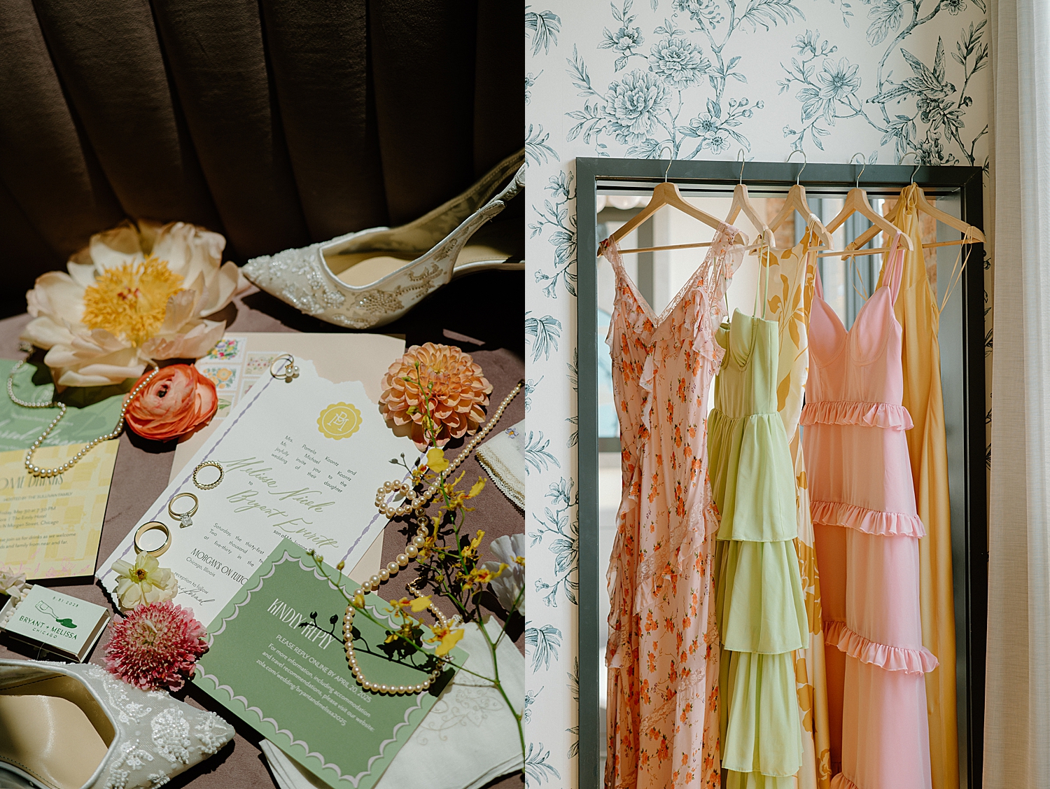 colorful bridesmaid dresses hanging on rack at Morgan's on Fulton