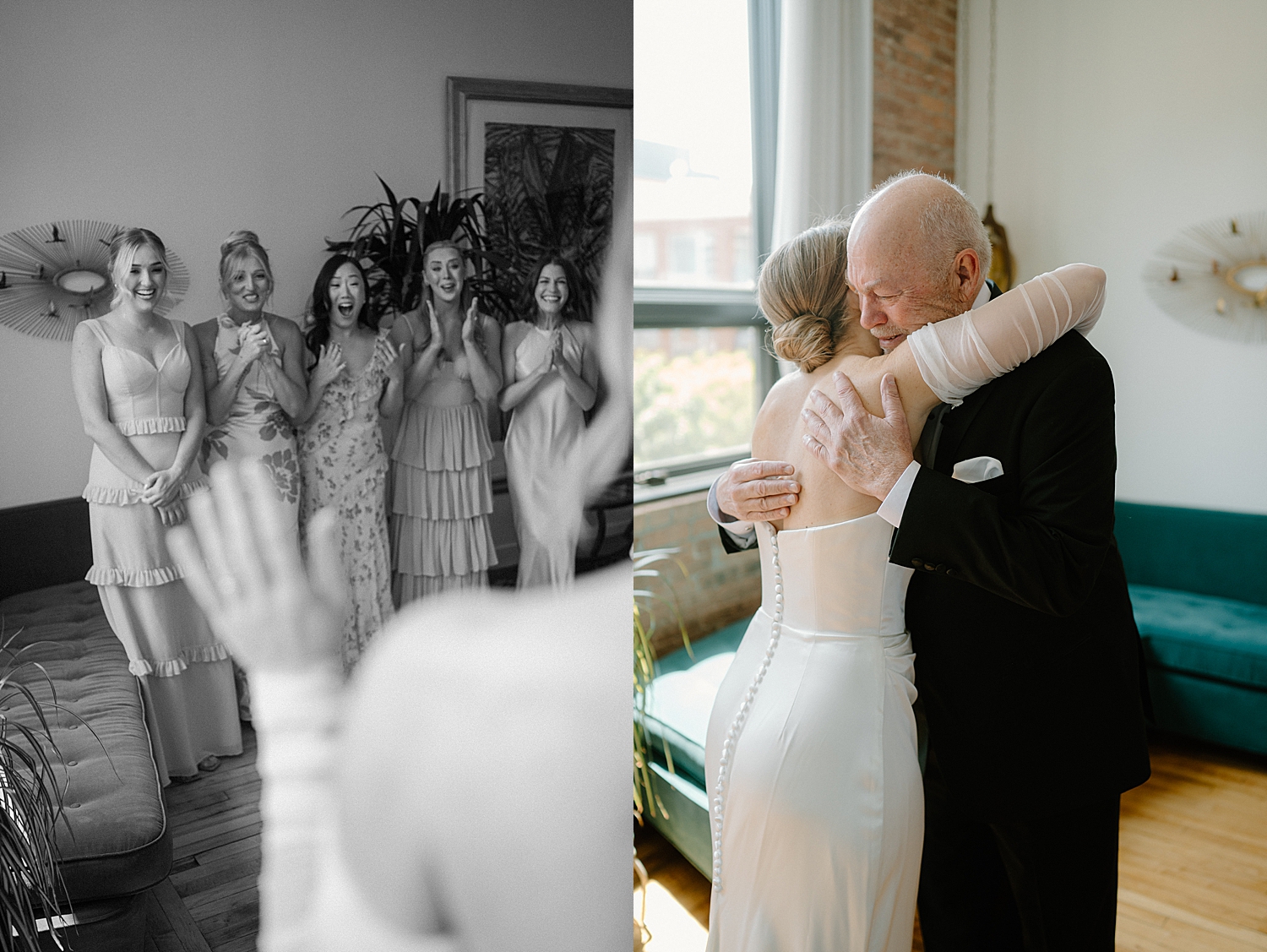 father-of-the-bride gives her a hug during first look by Morgan McIntire Photography