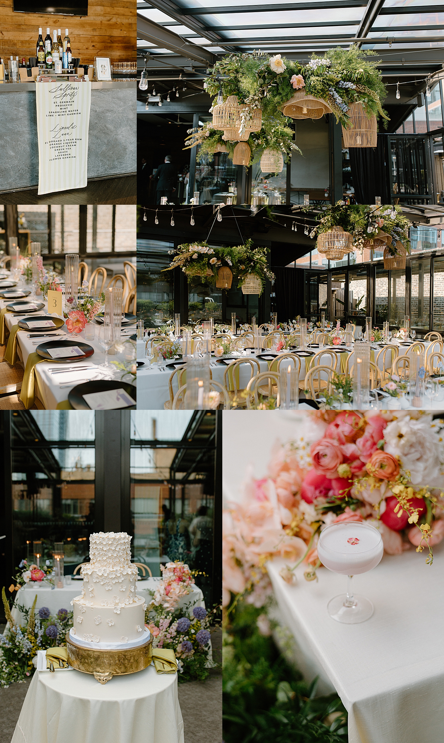 large floral installations over reception space at Morgan's on Fulton