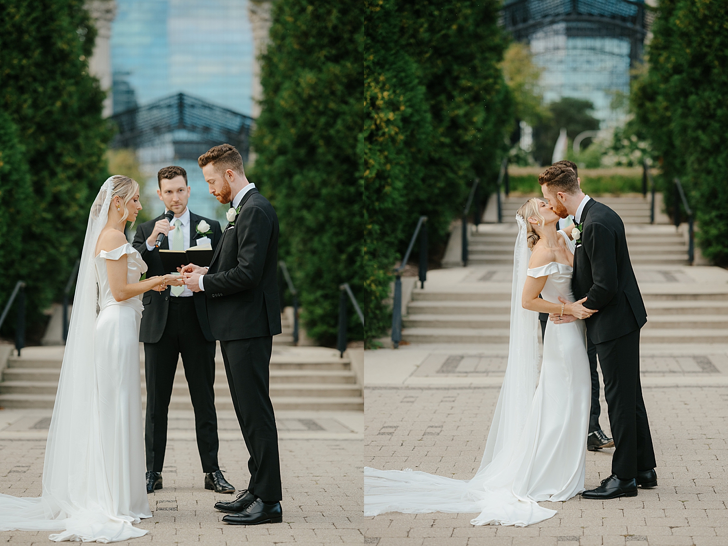 newlyweds share a kiss at alter for intimate ceremony in Millennium Park