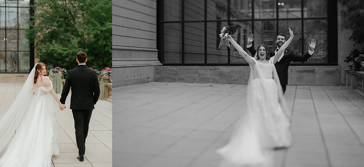 bride spins on terrace with her bouquet of flowers by Morgan McIntire Photography at Art Institute of Chicago's gardens