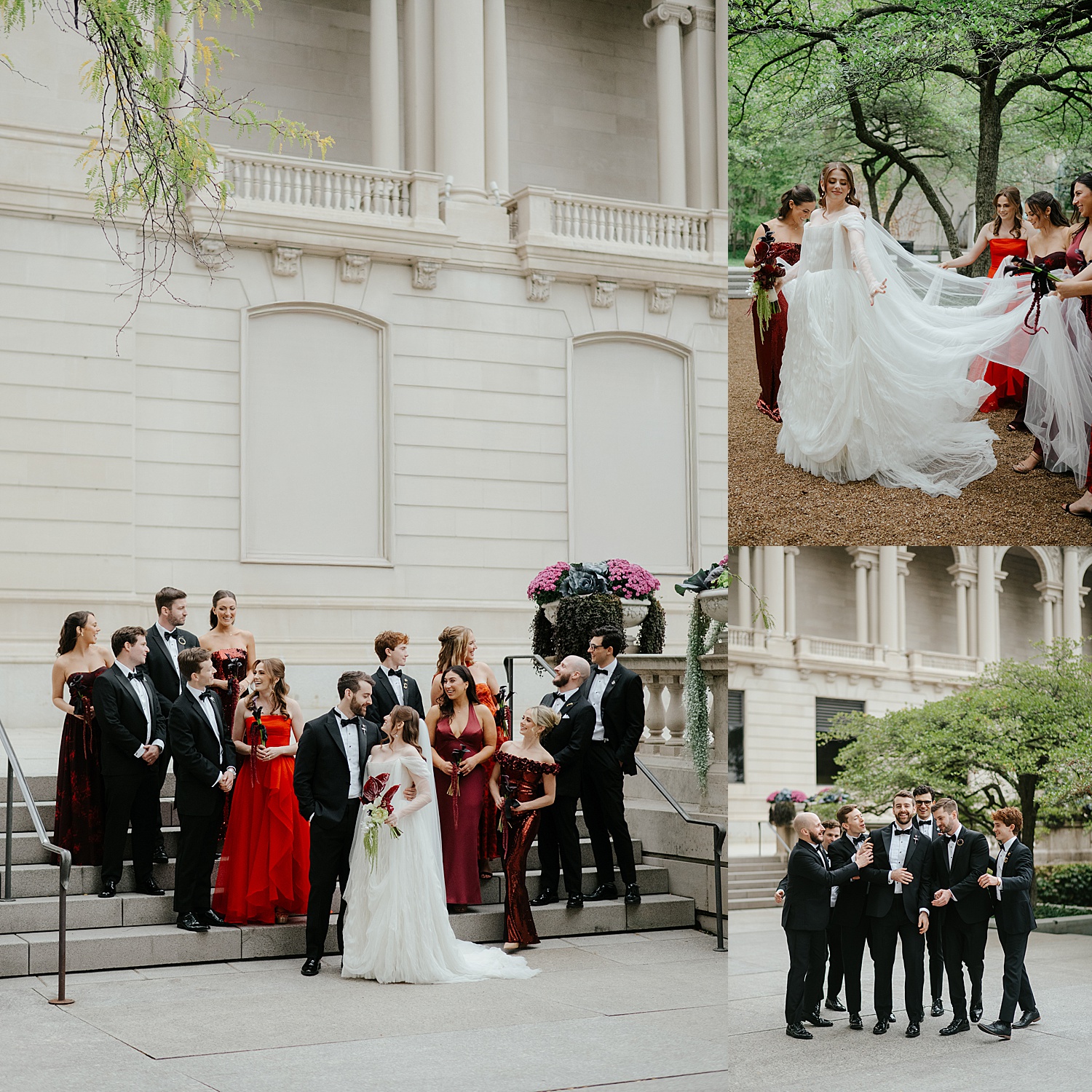 newlyweds gather on steps with their wedding party before reception at Skyline Loft at Art Institute of Chicago's gardens
