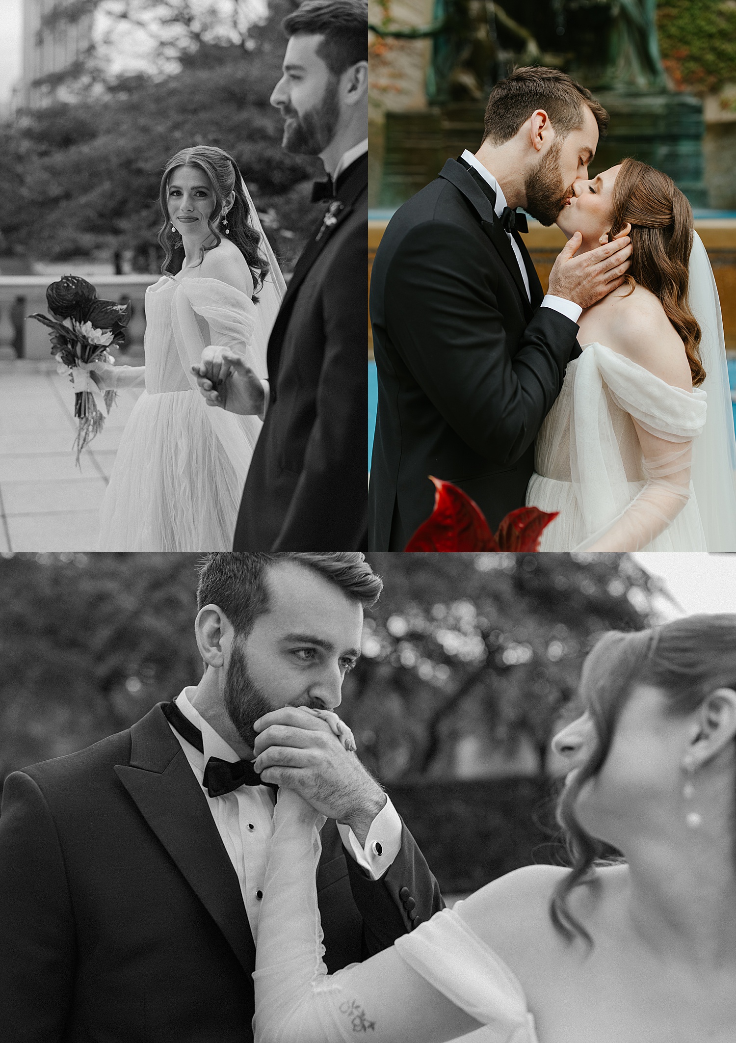 couple share a kiss on the streets of the city by Morgan McIntire Photography at Art Institute of Chicago's gardens