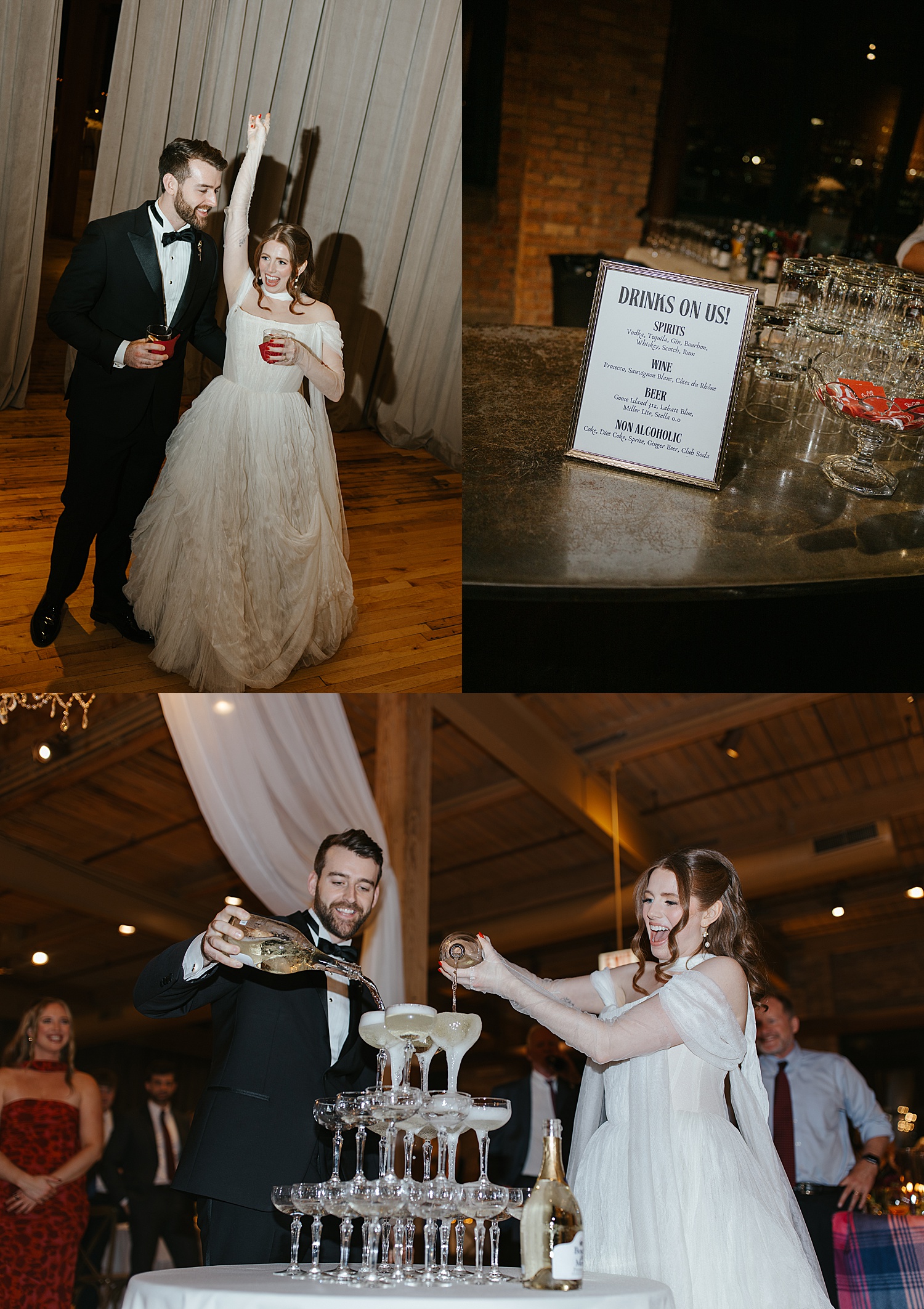 newlyweds pour a champagne tower for reception at Skyline Loft