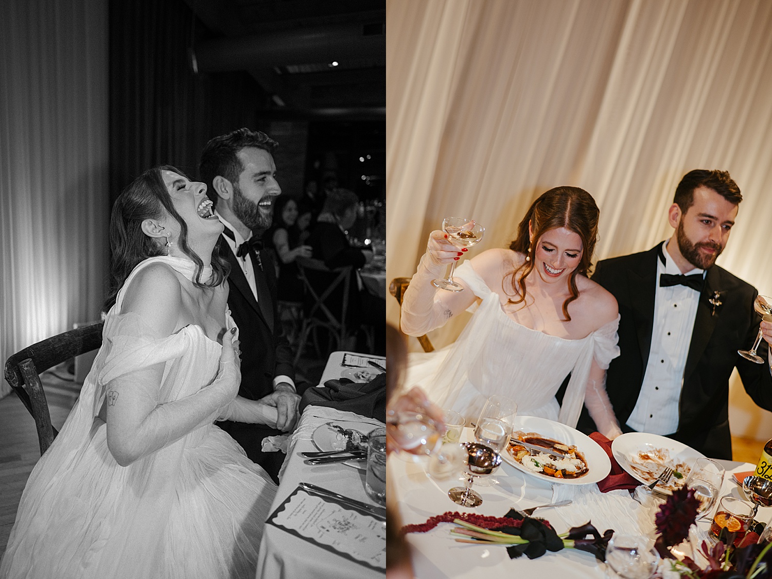 husband and wife laugh while eating dinner with their guests at reception by Morgan McIntire Photography