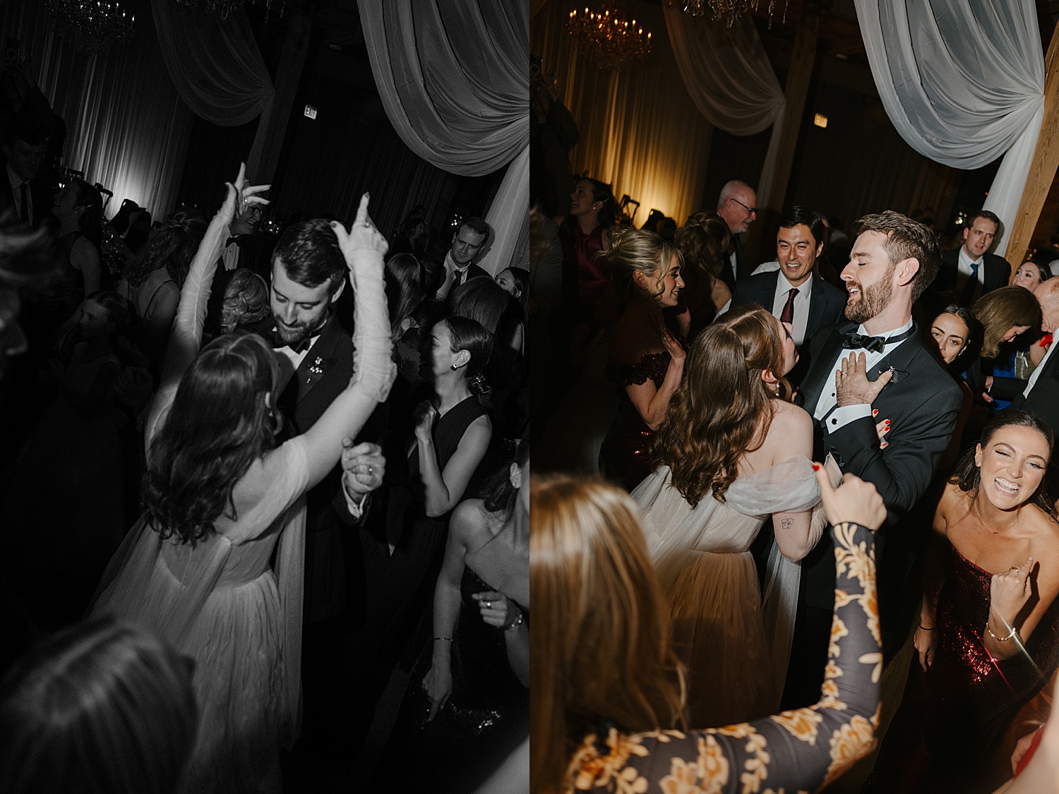 couple dances with their friends on the dance floor by Chicago wedding photographer