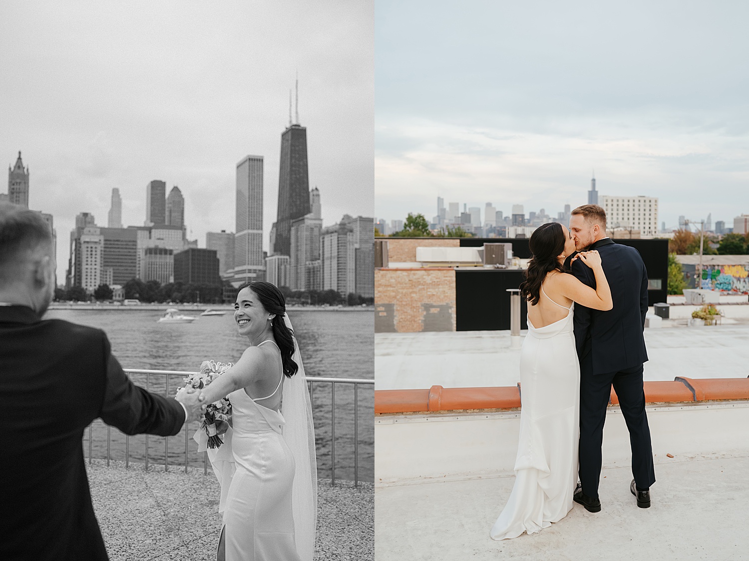 man and woman embrace on rooftop by Chicago wedding photographer 