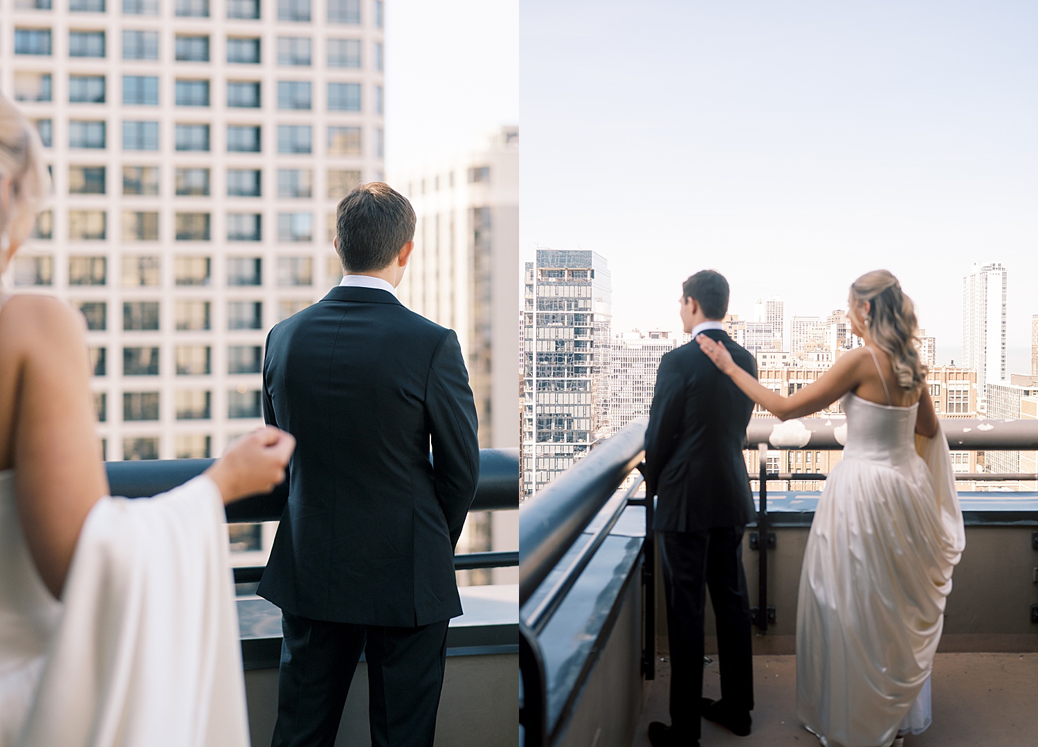 woman approaches man on balcony for first look at Lincoln Park venue