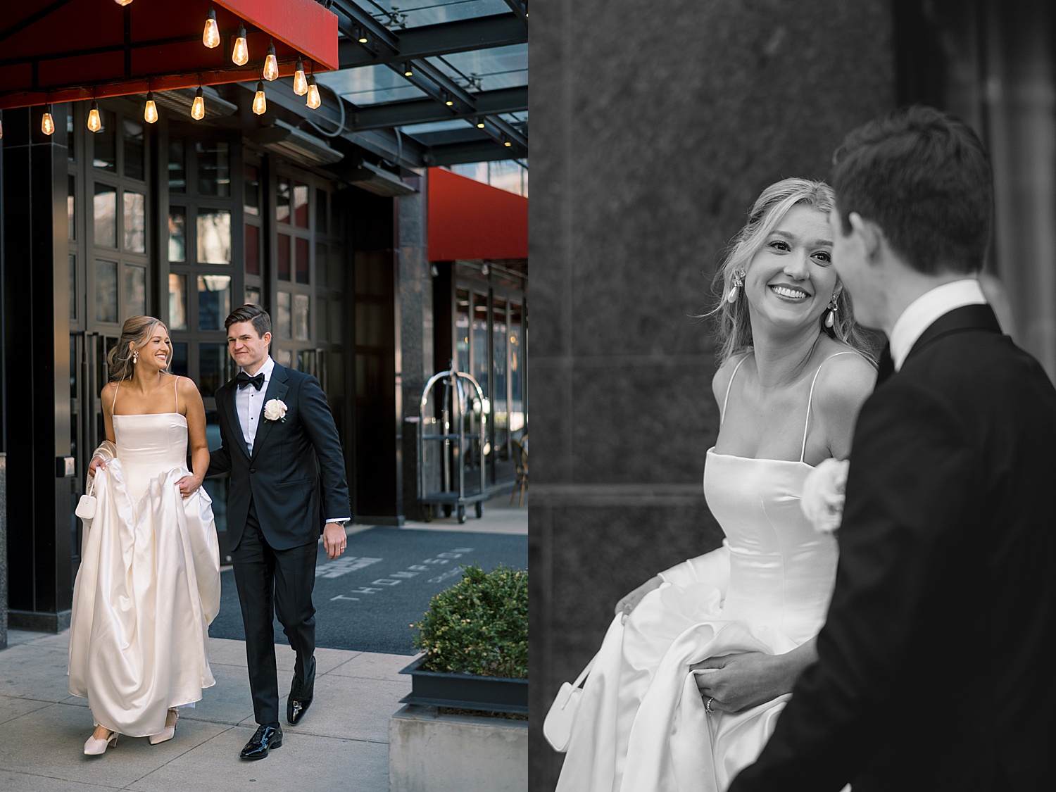couple walks outside of venue by Chicago wedding photographer