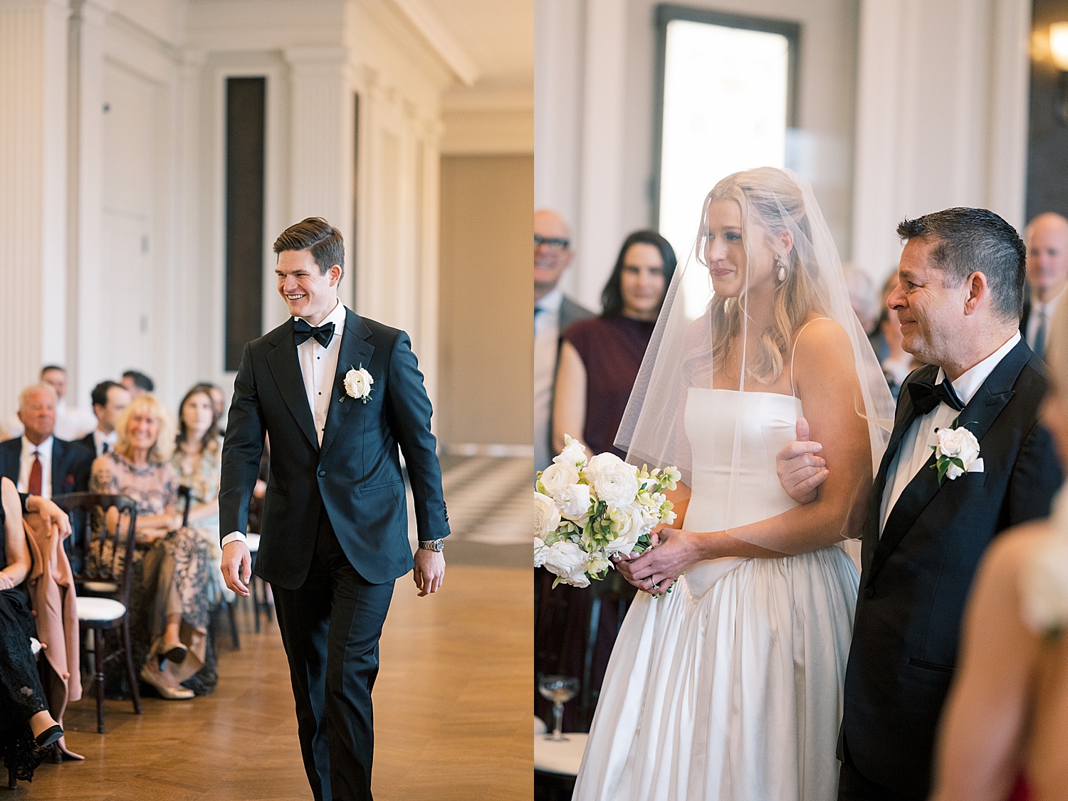 bride with veil walks down aisle inside by Morgan McIntire Photography