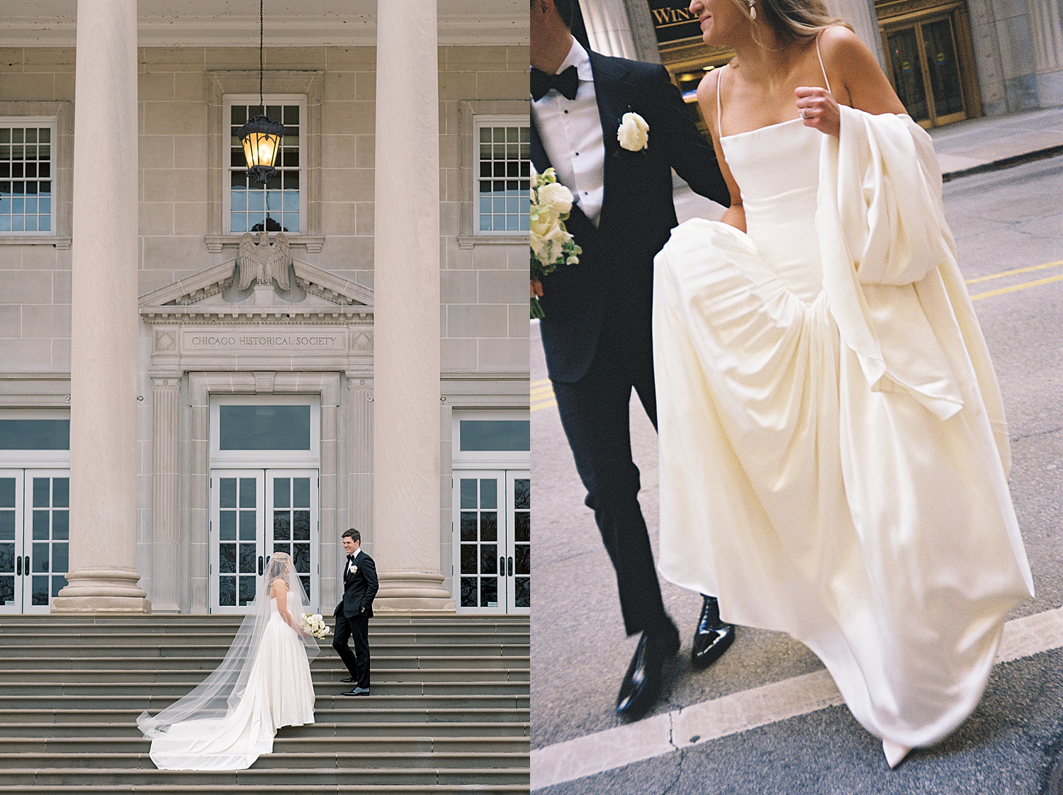 newlyweds stand on steps of venue at Lincoln Park