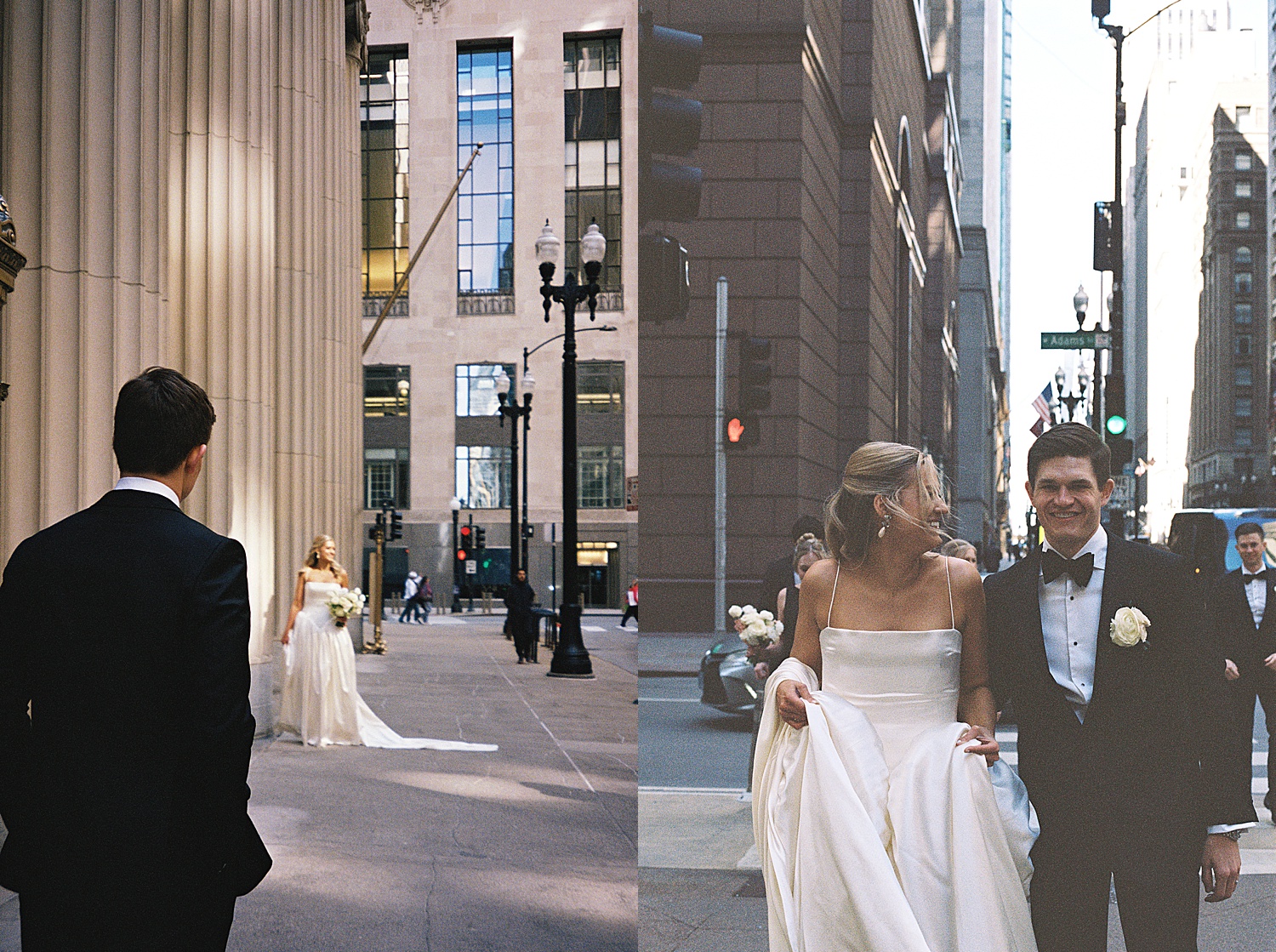 couple walk down sidewalk on busy street by Morgan McIntire Photography