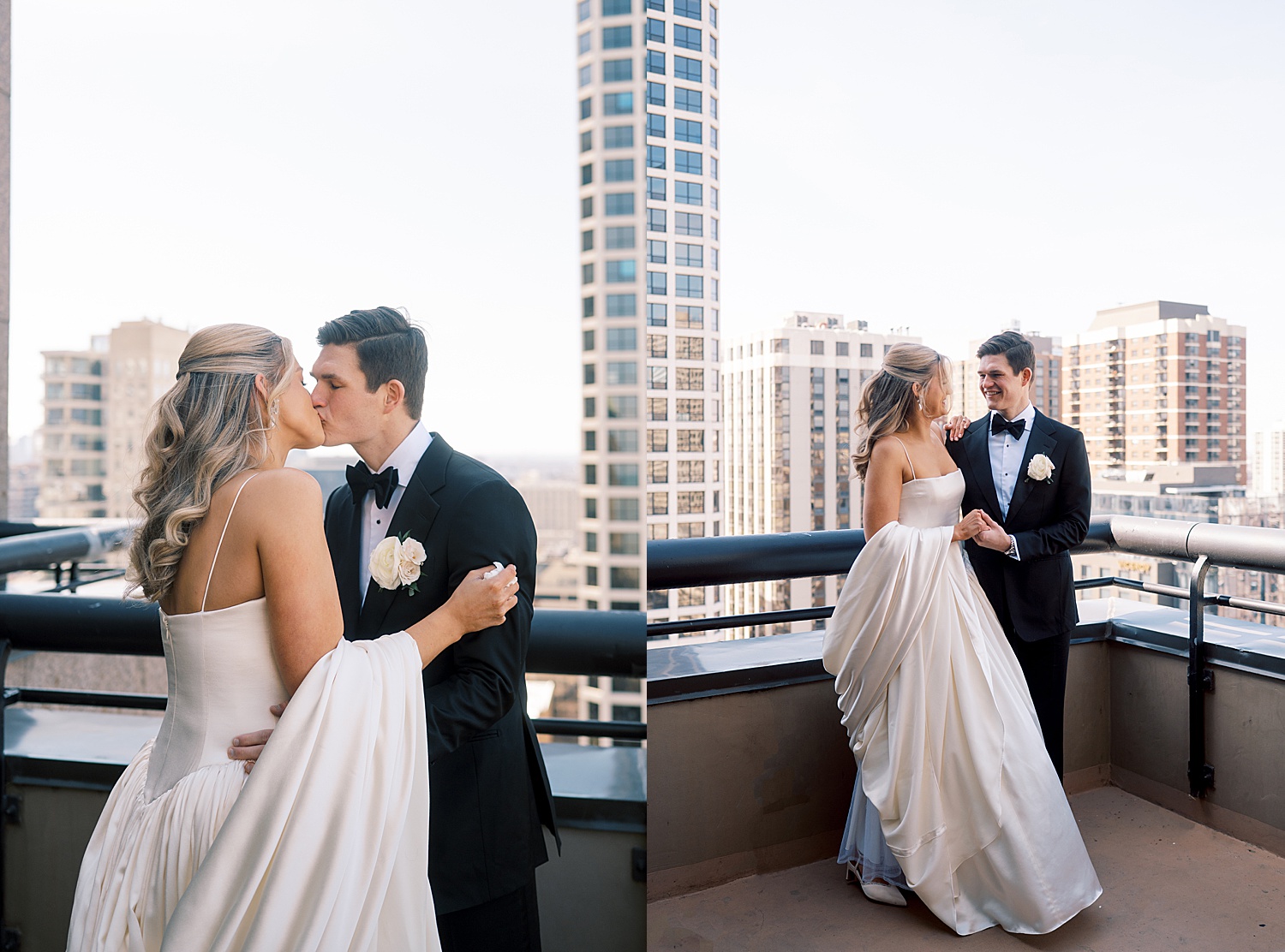 husband kisses his new wife on balcony overlooking city at Lincoln Park