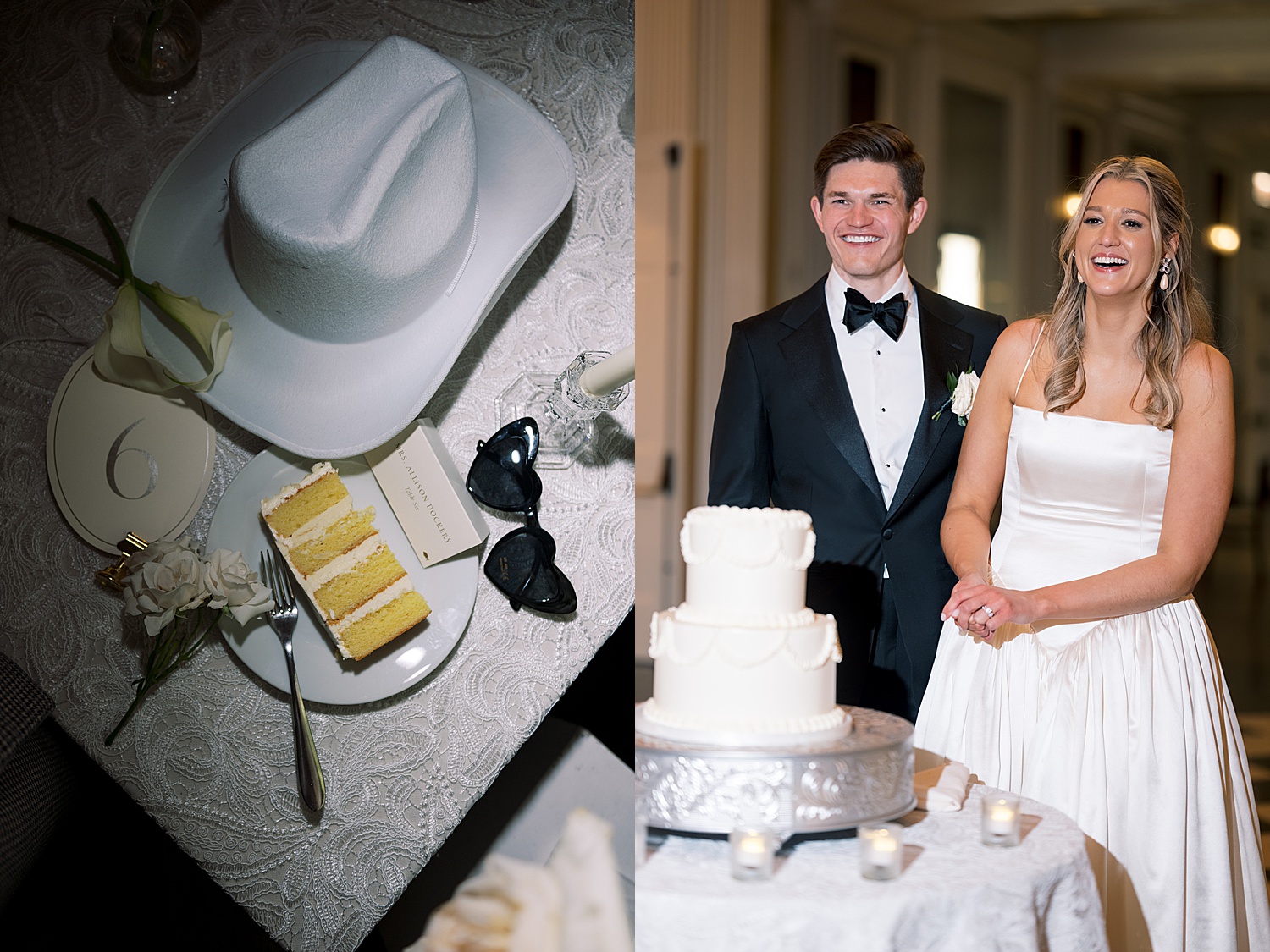 newly married couple in front of cake at reception by Chicago wedding photographer