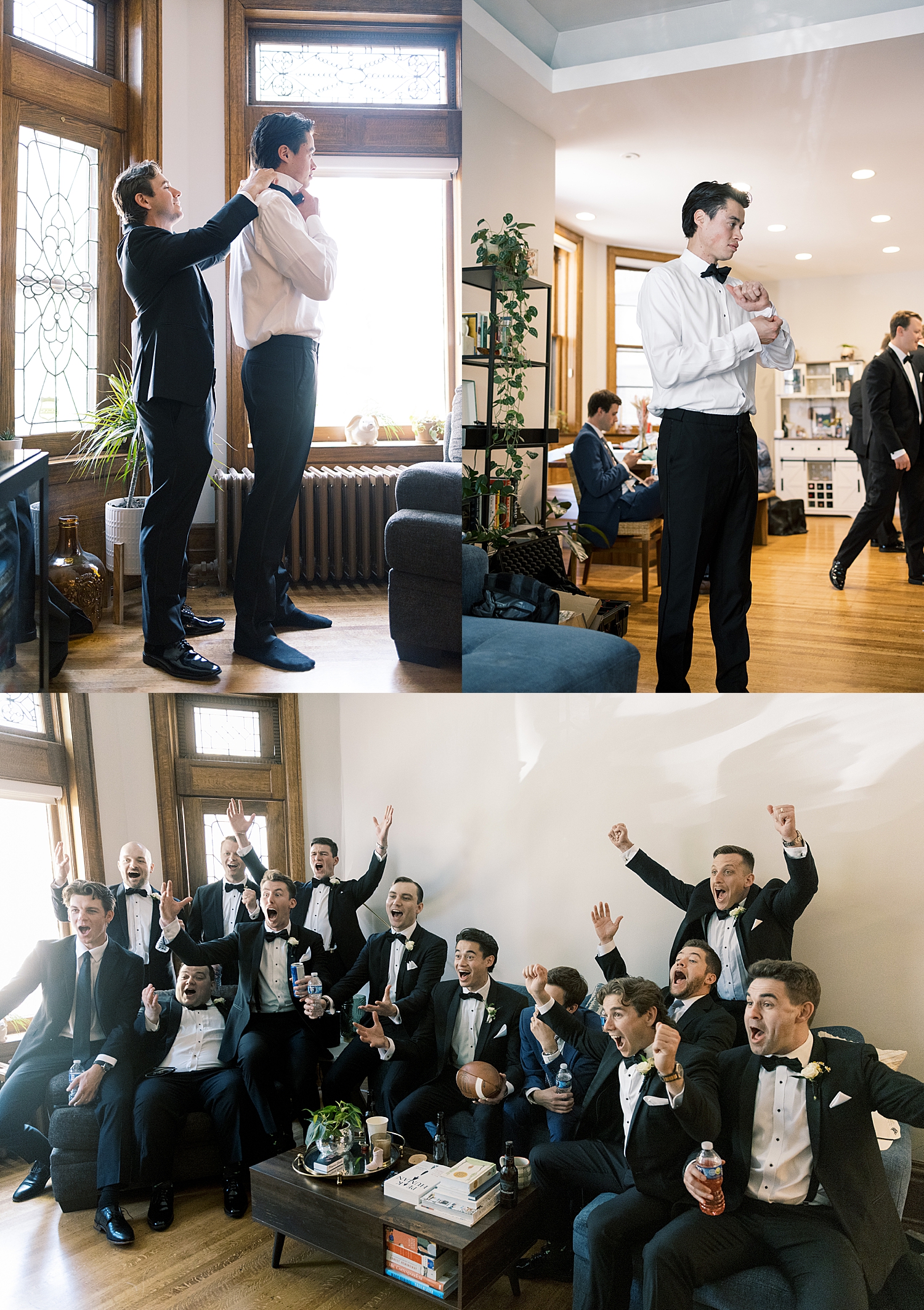 groomsmen help their friend get into his tux by Morgan McIntire Photography