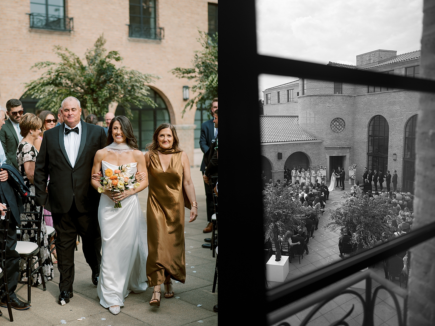 bride walks down the outdoor aisle with her parents by Morgan McIntire Photography