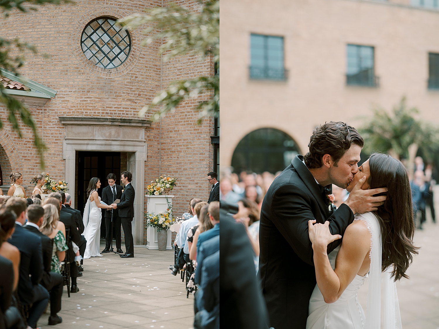 bride and groom share a first kiss at outdoor ceremony for Italian Inspired day