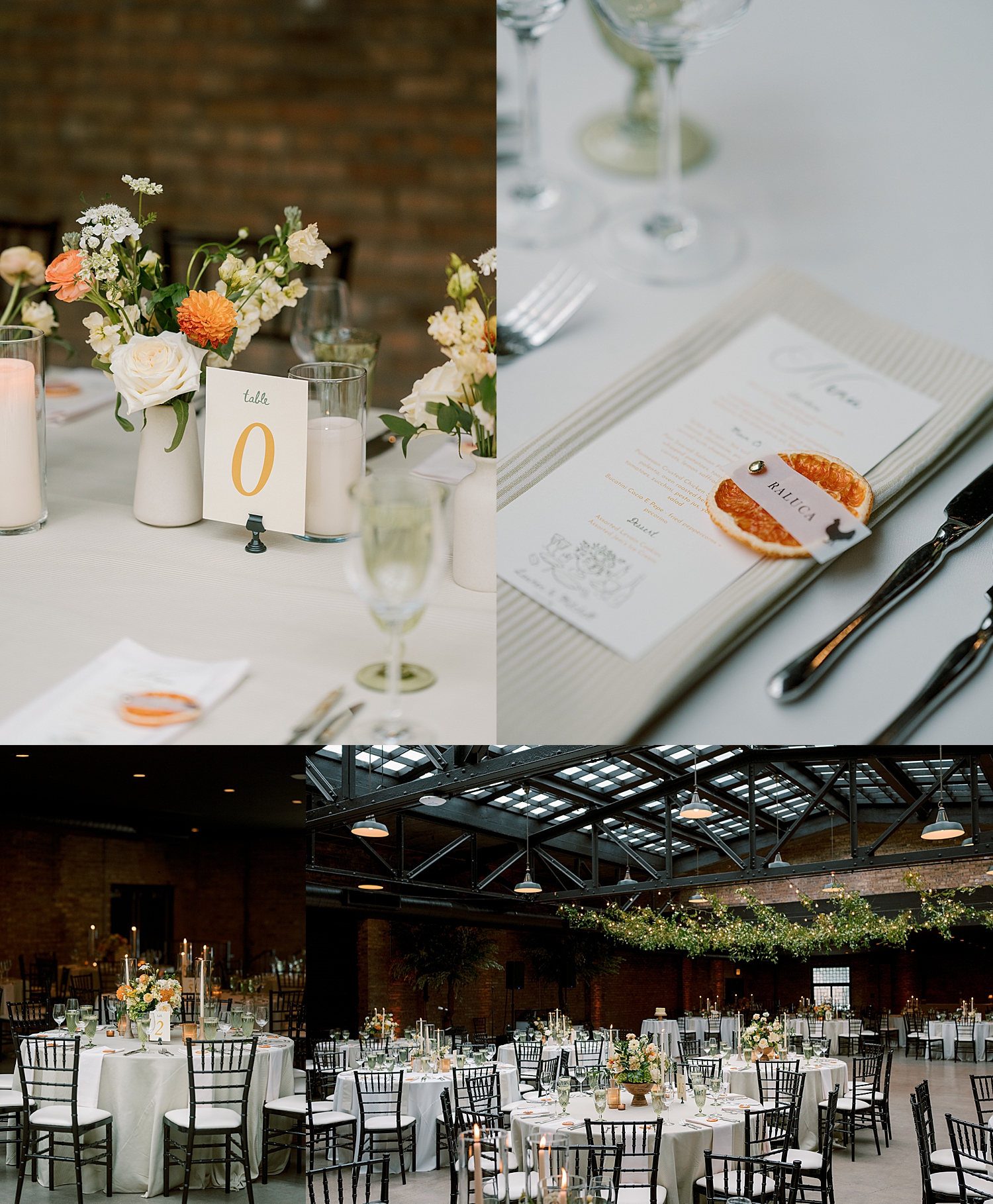 orange and white details on reception tables by Chicago wedding photographer
