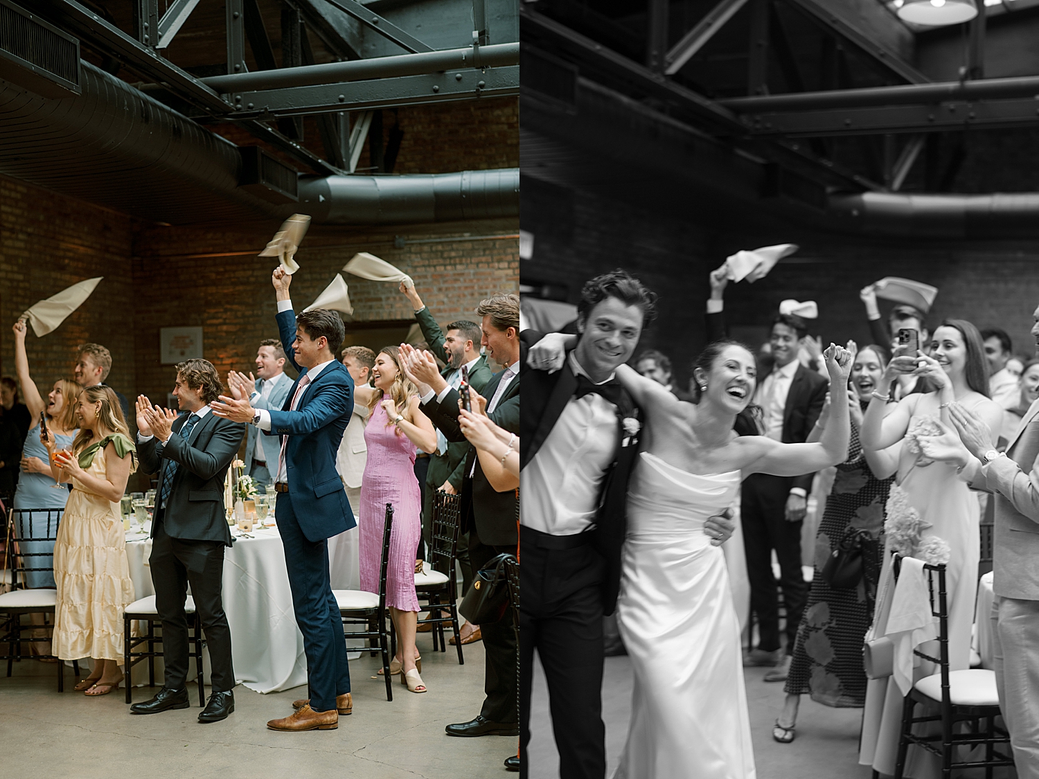 guests wave napkins to welcome newlyweds to reception by Morgan McIntire Photography