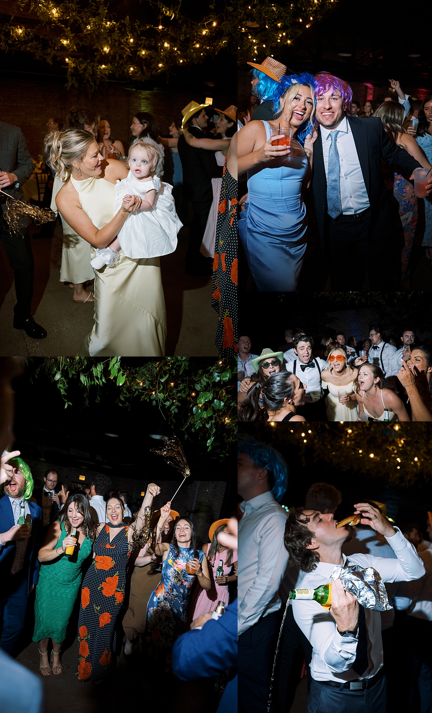 guests dance with props at reception for Italian Inspired day