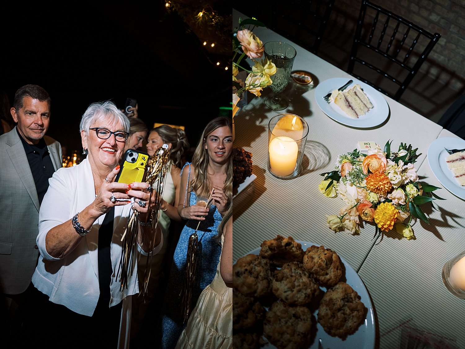 grandmother takes photos at reception by Chicago wedding photographer